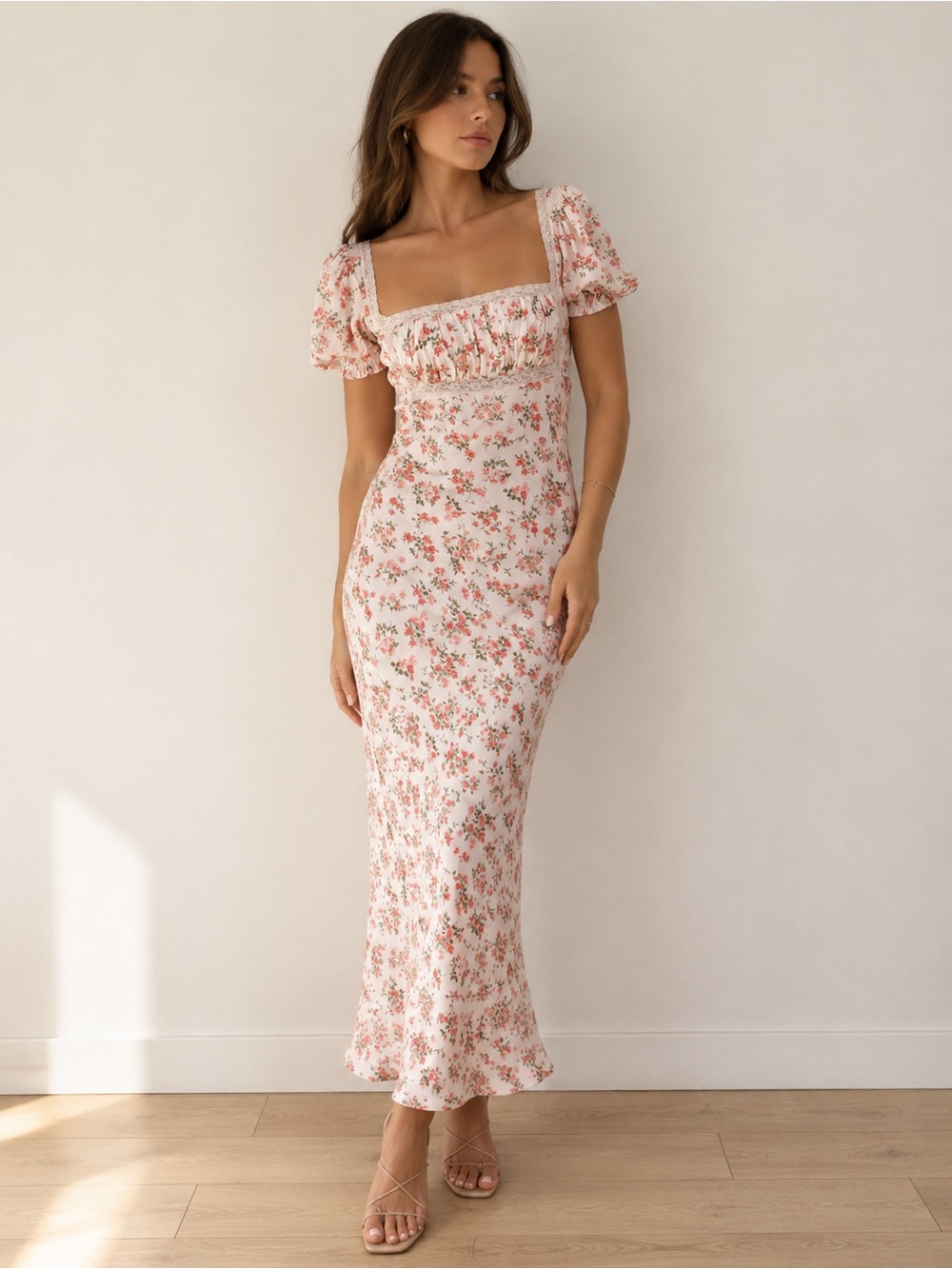 Rumored NWT Pink Floral Square Neck Maxi Dress White